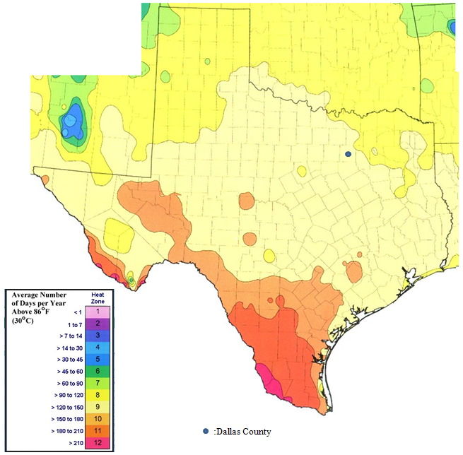 This image shows the Heat Zone map for Texas.  There are twelve heat zones, and the higher the numer, the hotter it is.