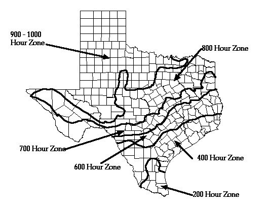 This image shows a map of Texas with the chilling hours show by zones.  Courtesty https://aggie-horticulture.tamu.edu/extension/peach/fig1.html.