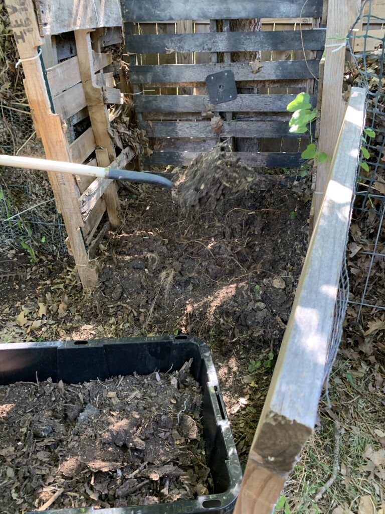 The photo shows a shovel taking compost out of the bin.  Compost time!  Shoveling out the results of a year's worth of leaves, green clippings and kitchen waste.