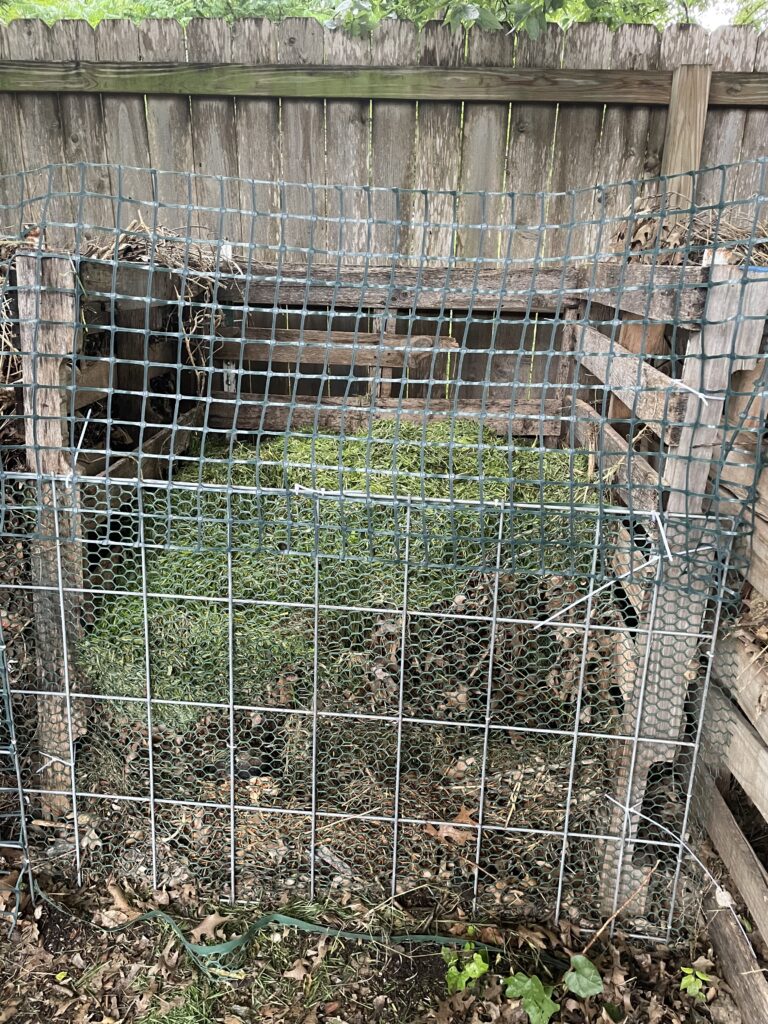 This photo shows the green layers (nitrogen sources) on top and the browner layers (carbon sources) on the bottom.  These will work together to create the compost over time.